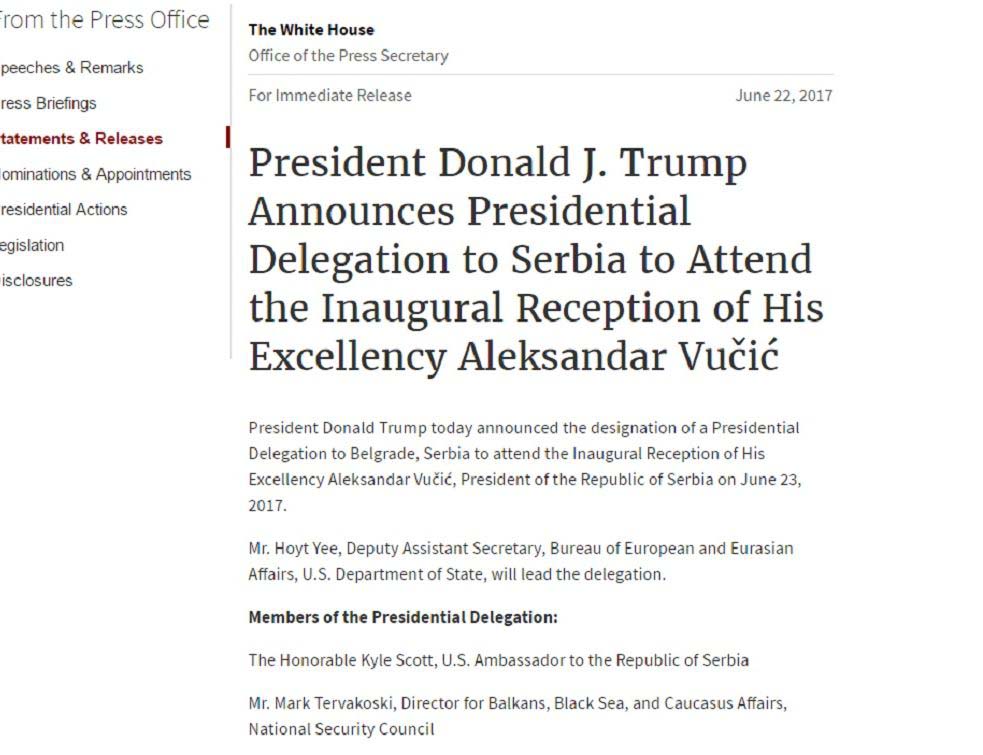 Vucic, inauguracija, PRTSCR WHITE HOUSE